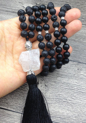 Natural Lava Stone Black Agate & Quartz Mala 108 Bead Prayer - Free Spirit Shop