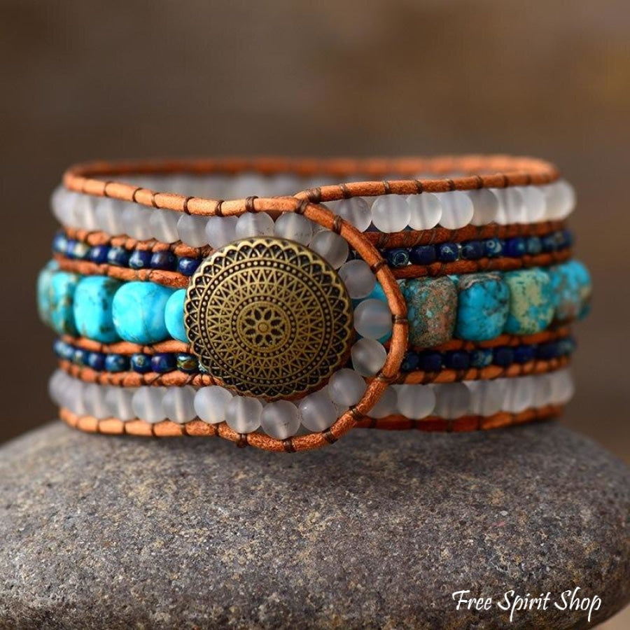 African Turquoise and Matte Tigers Eye Healing Crystal Leather Wrap Men's  Bracelet