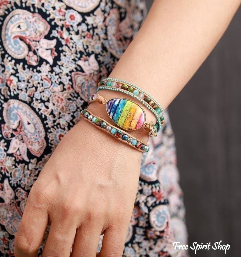 Natural Mix Gemstones & Rainbow Chakra Wrap Bracelet - Free Spirit Shop