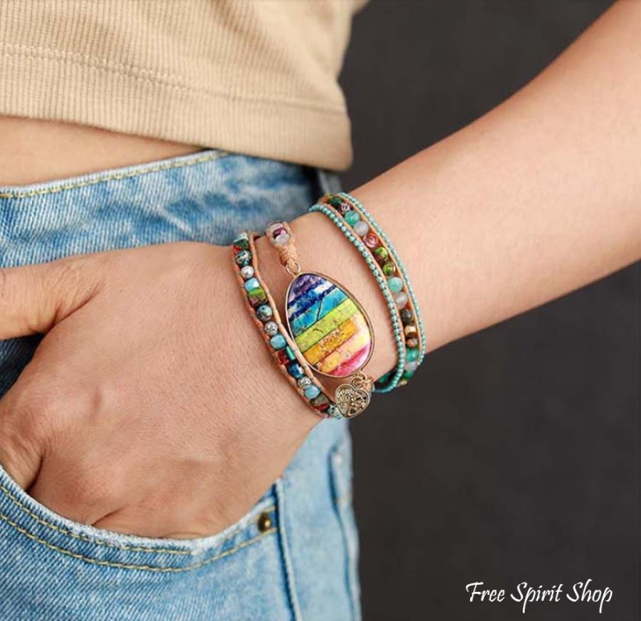 Natural Mix Gemstones & Rainbow Chakra Wrap Bracelet - Free Spirit Shop