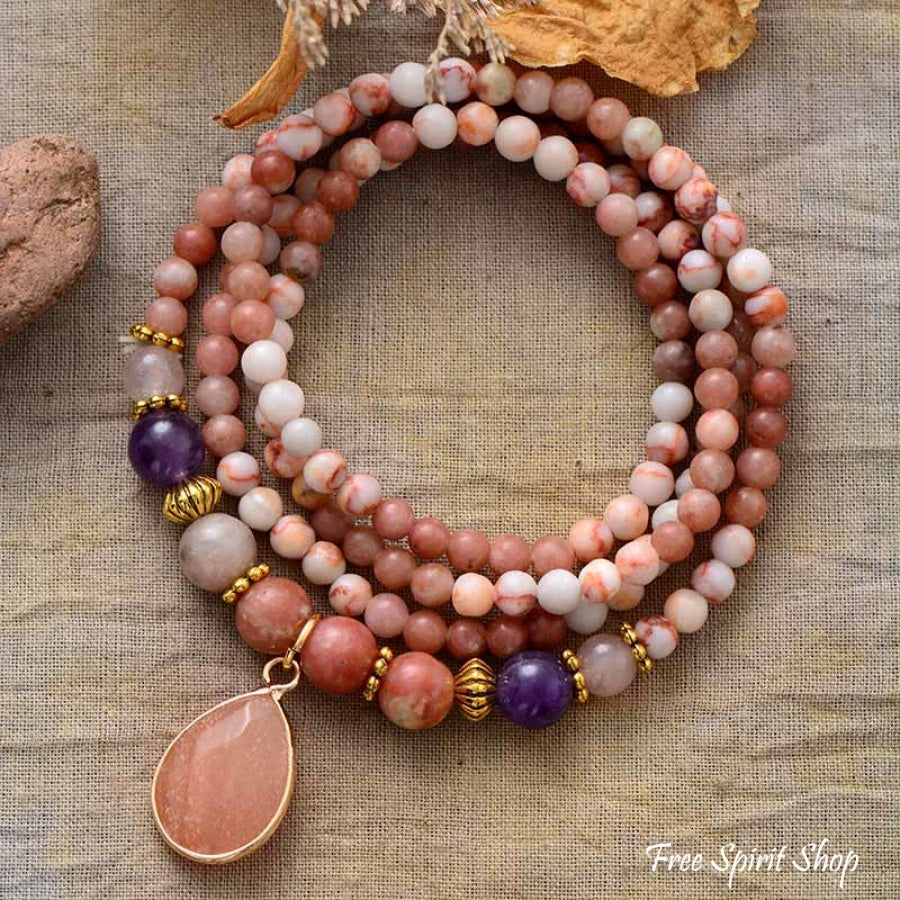 Natural Pink Aventurine & Amethyst Yoga Bead Bracelet / Necklace - Free Spirit Shop