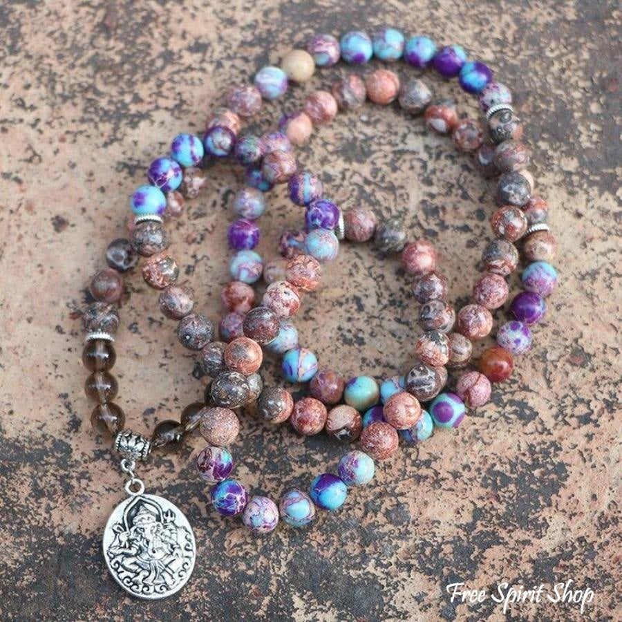 Natural Purple Jasper & Smokey Quartz Ganesha Mala Bead Bracelet - Free Spirit Shop