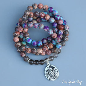 Natural Purple Jasper & Smokey Quartz Ganesha Mala Bead Bracelet - Free Spirit Shop