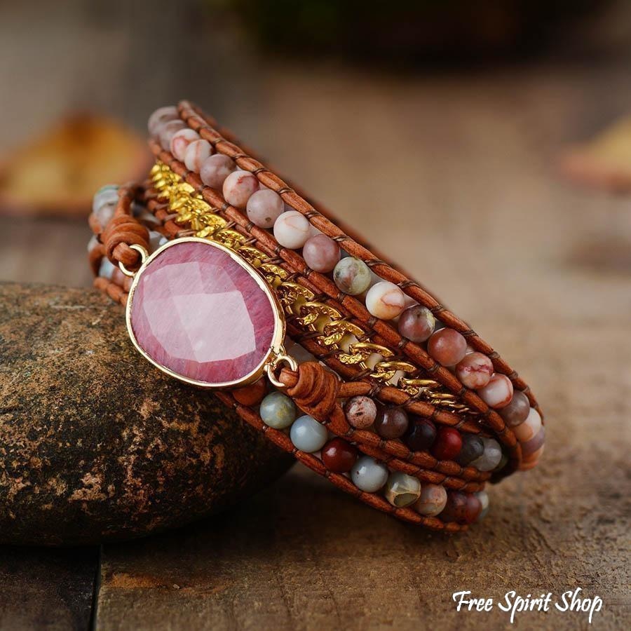 Natural Rhodonite King Jasper & Pink Aventurine Beaded Wrap Bracelet - Free Spirit Shop