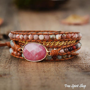Natural Rhodonite King Jasper & Pink Aventurine Beaded Wrap Bracelet - Free Spirit Shop