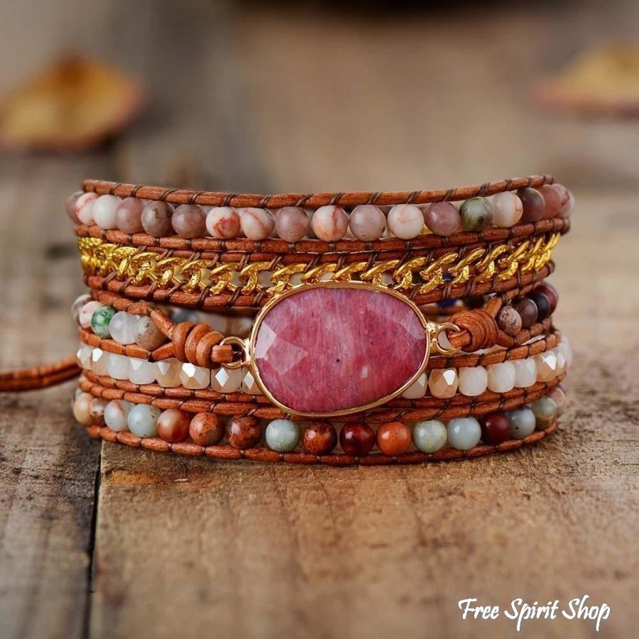 Natural Rhodonite King Jasper & Pink Aventurine Beaded Wrap Bracelet - Free Spirit Shop