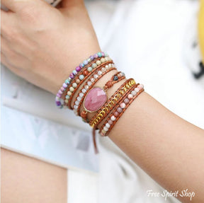 Natural Rhodonite King Jasper & Pink Aventurine Beaded Wrap Bracelet - Free Spirit Shop