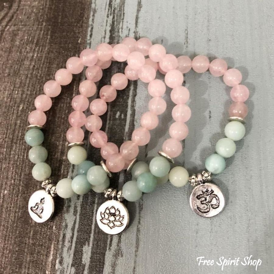 Natural Rose Quartz & Amazonite Gemstone Bead Mala Bracelet - Free Spirit Shop