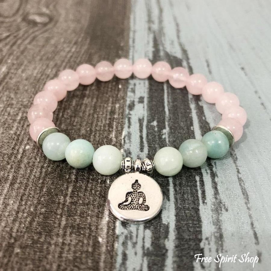 Natural Rose Quartz & Amazonite Gemstone Bead Mala Bracelet - Free Spirit Shop