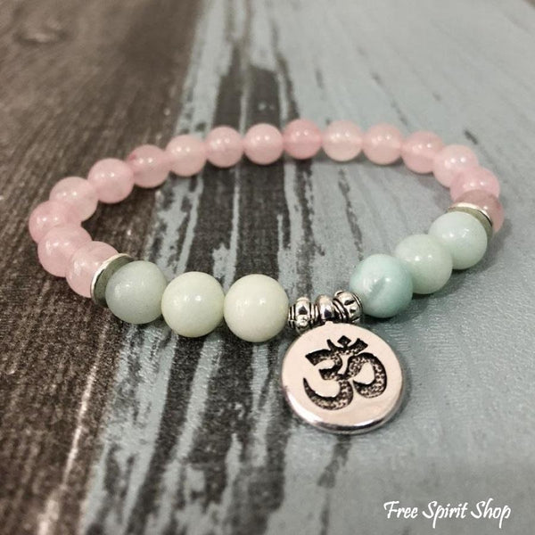 Natural Rose Quartz & Amazonite Gemstone Bead Mala Bracelet