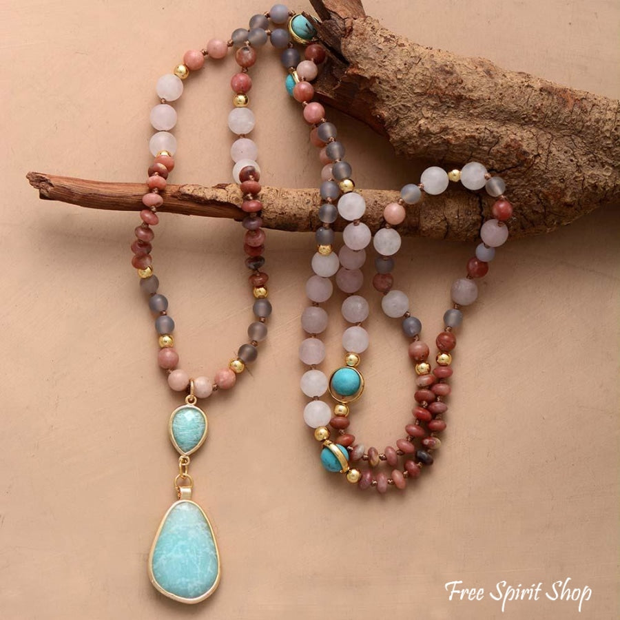 Natural Rose Quartz Botswana Agate and Jasper Beaded Necklace - Free Spirit Shop