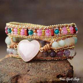 Natural Rose Quartz Heart & Amazonite Beaded Wrap bracelet - Free Spirit Shop