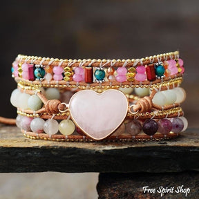Natural Rose Quartz Heart & Amazonite Beaded Wrap bracelet - Free Spirit Shop