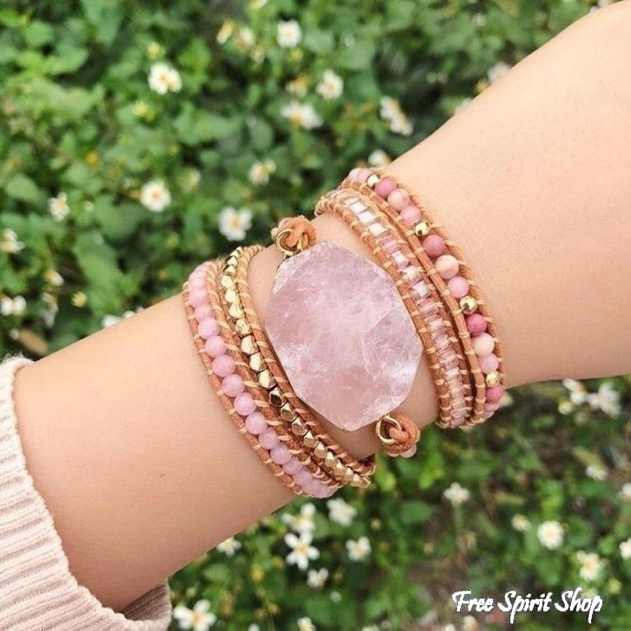 Natural Rose Quartz Heart Chakra Wrap Bracelet - Free Spirit Shop