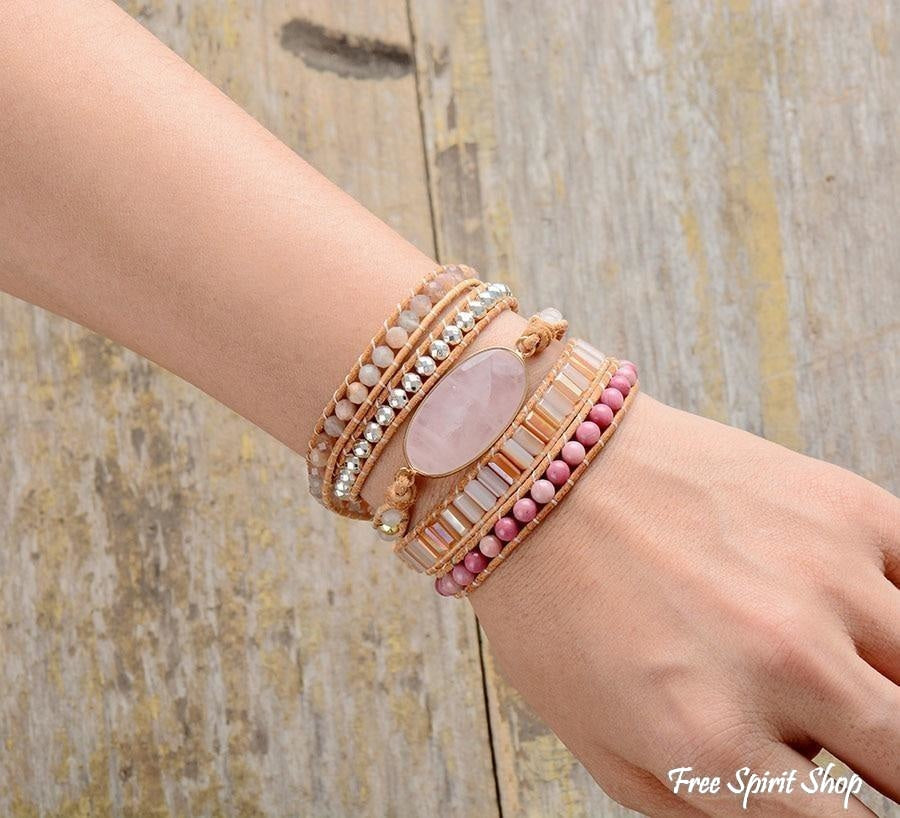 Natural Rose Quartz Rhodonite & Sunstone Wrap Bracelet - Free Spirit Shop