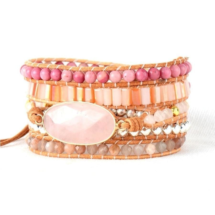 Natural Rose Quartz Rhodonite & Sunstone Wrap Bracelet - Free Spirit Shop