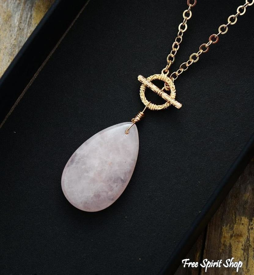 Natural Rose Quartz Teardrop Pendant Gold Necklace - Free Spirit Shop