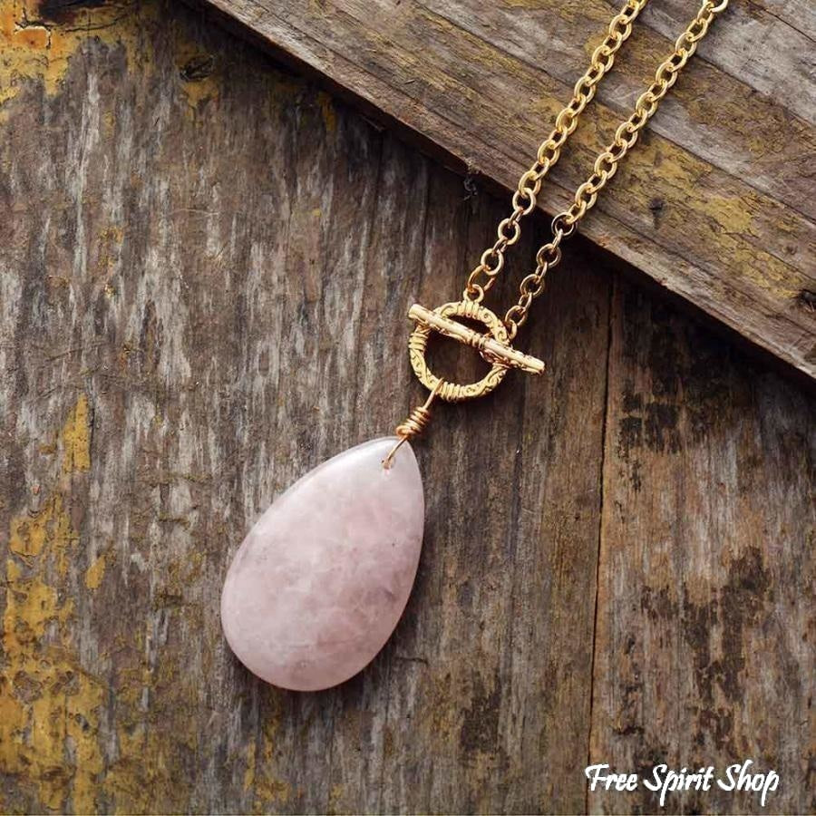 Natural Rose Quartz Teardrop Pendant Gold Necklace - Free Spirit Shop