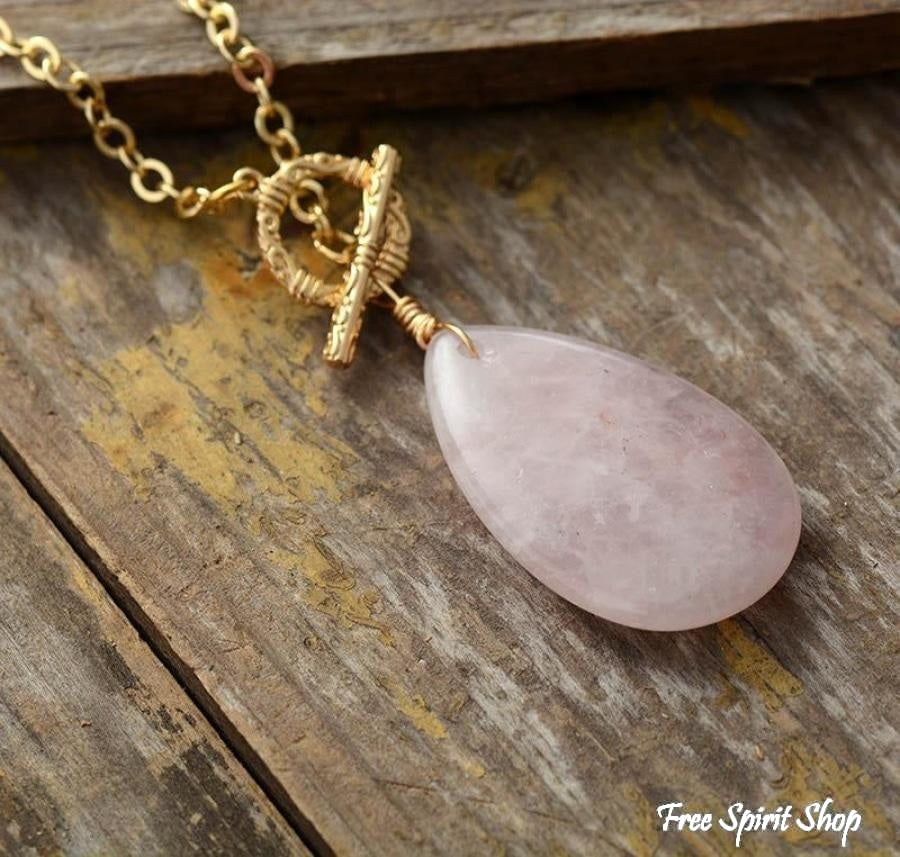 Natural Rose Quartz Teardrop Pendant Gold Necklace - Free Spirit Shop