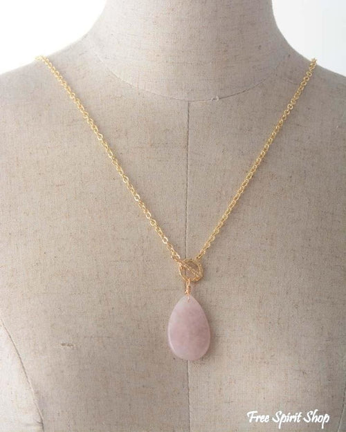 Natural Rose Quartz Teardrop Pendant Gold Necklace