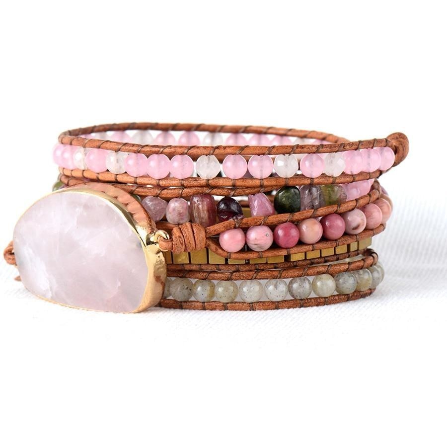 Natural Rose Quartz & Tourmaline Beaded Wrap Bracelet - Free Spirit Shop