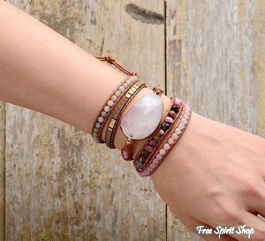 Natural Rose Quartz & Tourmaline Beaded Wrap Bracelet - Free Spirit Shop