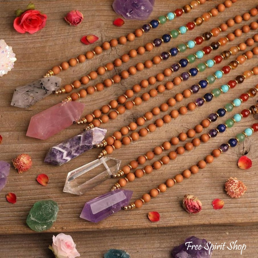 Natural Sandalwood Bead & 7 Chakra Crystal Mala Necklace - Free Spirit Shop