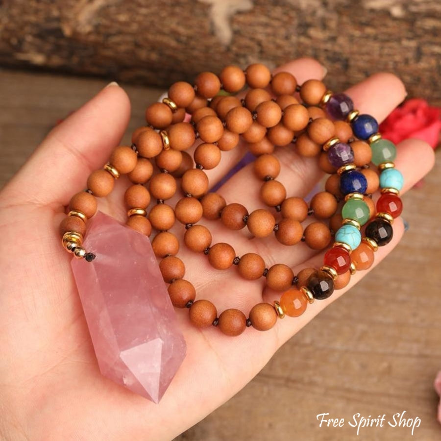 Natural Sandalwood Bead & 7 Chakra Crystal Mala Necklace - Free Spirit Shop