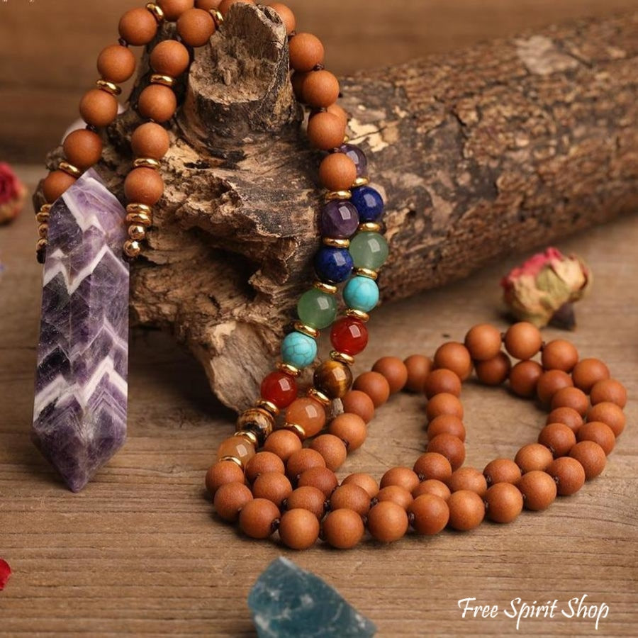 Natural Sandalwood Bead & 7 Chakra Crystal Mala Necklace - Free Spirit Shop