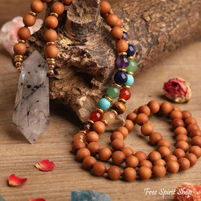 Natural Sandalwood Bead & 7 Chakra Crystal Mala Necklace