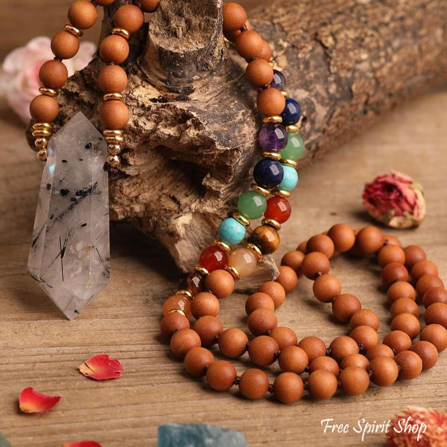 Natural Sandalwood Bead & 7 Chakra Crystal Mala Necklace - Free Spirit Shop