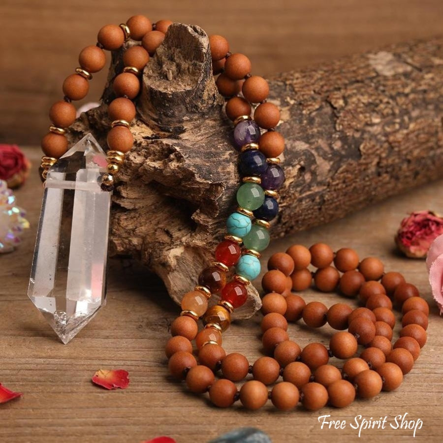 Natural Sandalwood Bead & 7 Chakra Crystal Mala Necklace - Free Spirit Shop