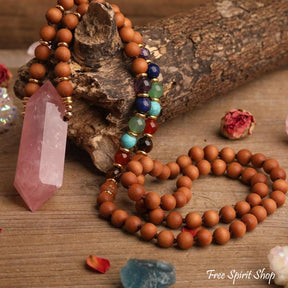 Natural Sandalwood Bead & 7 Chakra Crystal Mala Necklace