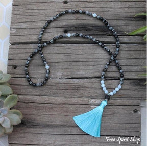 Natural Snowflake Obsidian & Aquamarine Bead Bracelet / Necklace - Free Spirit Shop