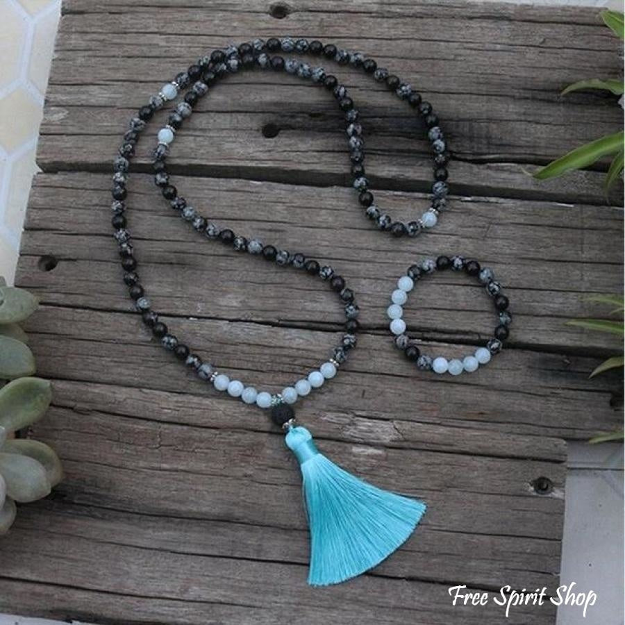 Natural Snowflake Obsidian & Aquamarine Bead Bracelet / Necklace - Free Spirit Shop