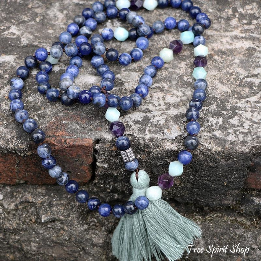 Natural Sodalite Amazonite & Amethyst Bead Mala Necklace - Free Spirit Shop