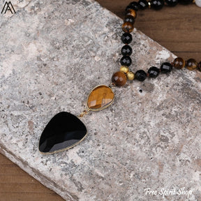 Natural Tiger Eye & Black Onyx Gemstone Bead Necklace - Free Spirit Shop