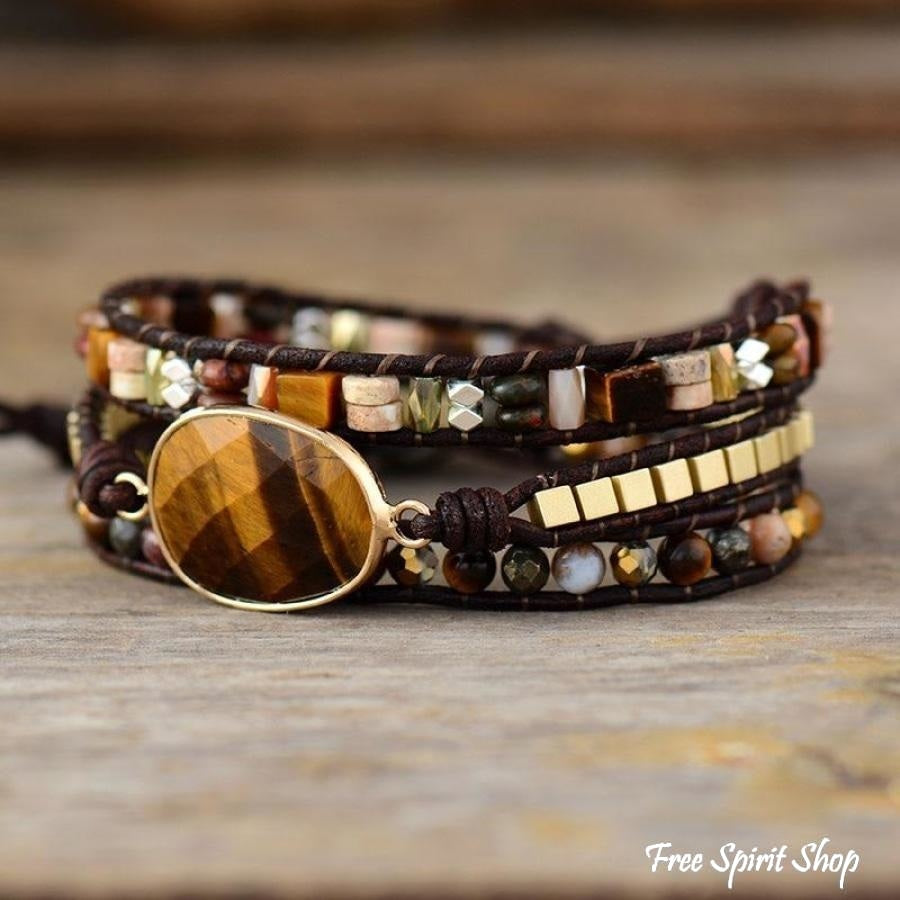 Natural Tiger Eye & Mixed Stone Bead Wrap Bracelet - Free Spirit Shop