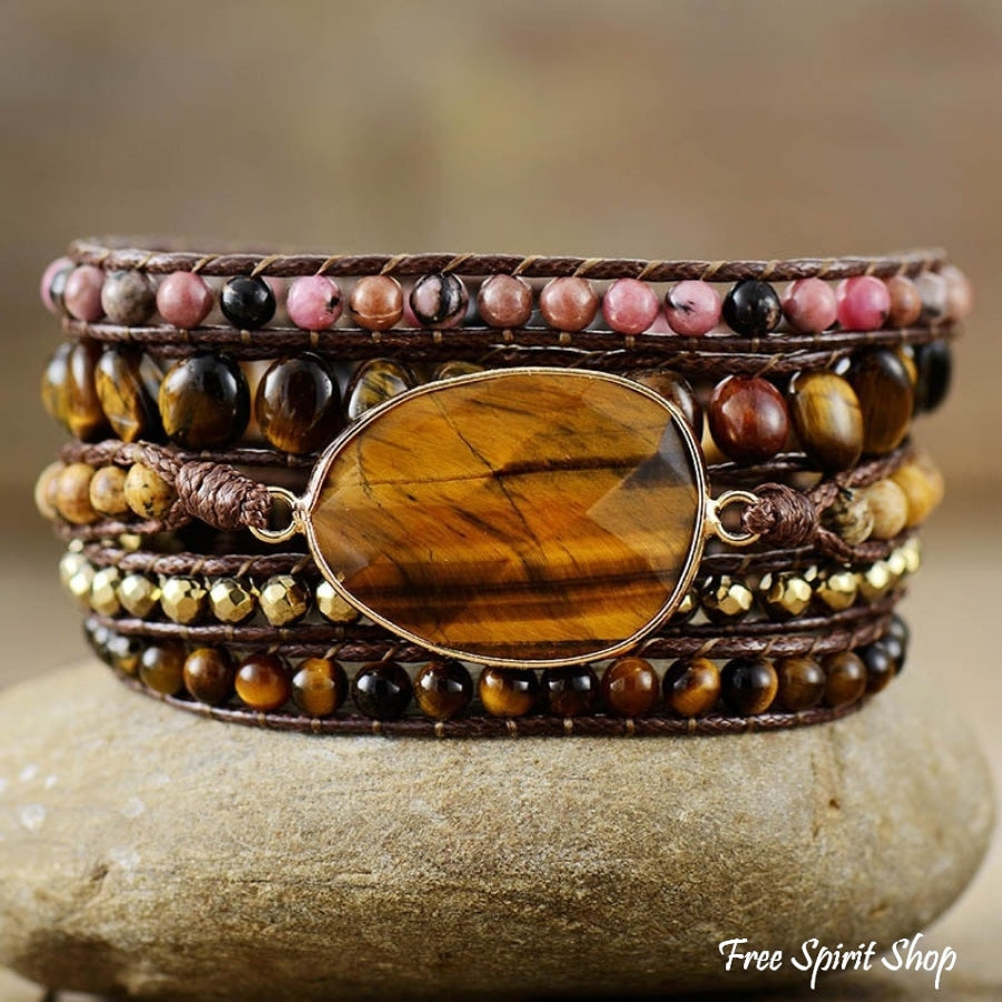 Natural Tiger Eye & Rhodonite Wrap Bracelet - Free Spirit Shop