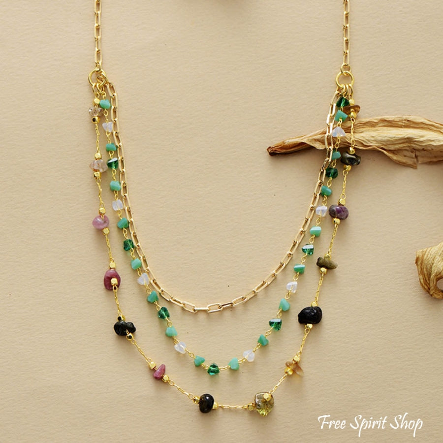 Natural Tourmaline & Green Aventurine Gold Chain Multi-Layer Necklace - Free Spirit Shop