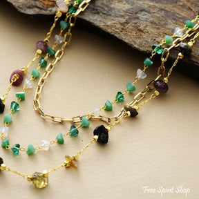 Natural Tourmaline & Green Aventurine Gold Chain Multi-Layer Necklace - Free Spirit Shop