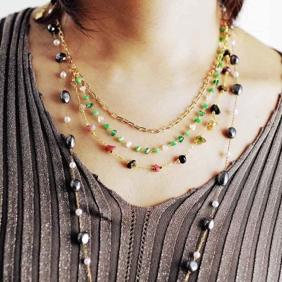 Natural Tourmaline & Green Aventurine Gold Chain Multi-Layer Necklace - Free Spirit Shop