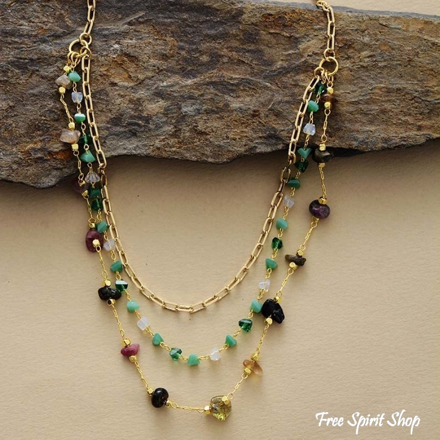 Natural Tourmaline & Green Aventurine Gold Chain Multi-Layer Necklace - Free Spirit Shop