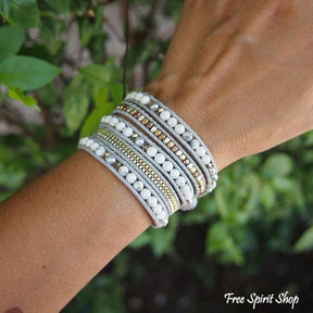 Natural White Howlite & Grey Pearl Wrap Bracelet - Free Spirit Shop