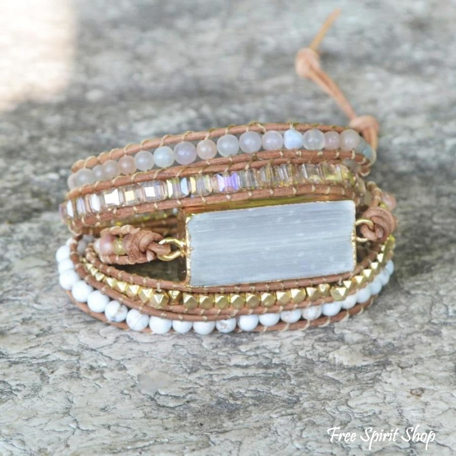 Natural White Selenite & Sunstone Wrap Bracelet - Free Spirit Shop