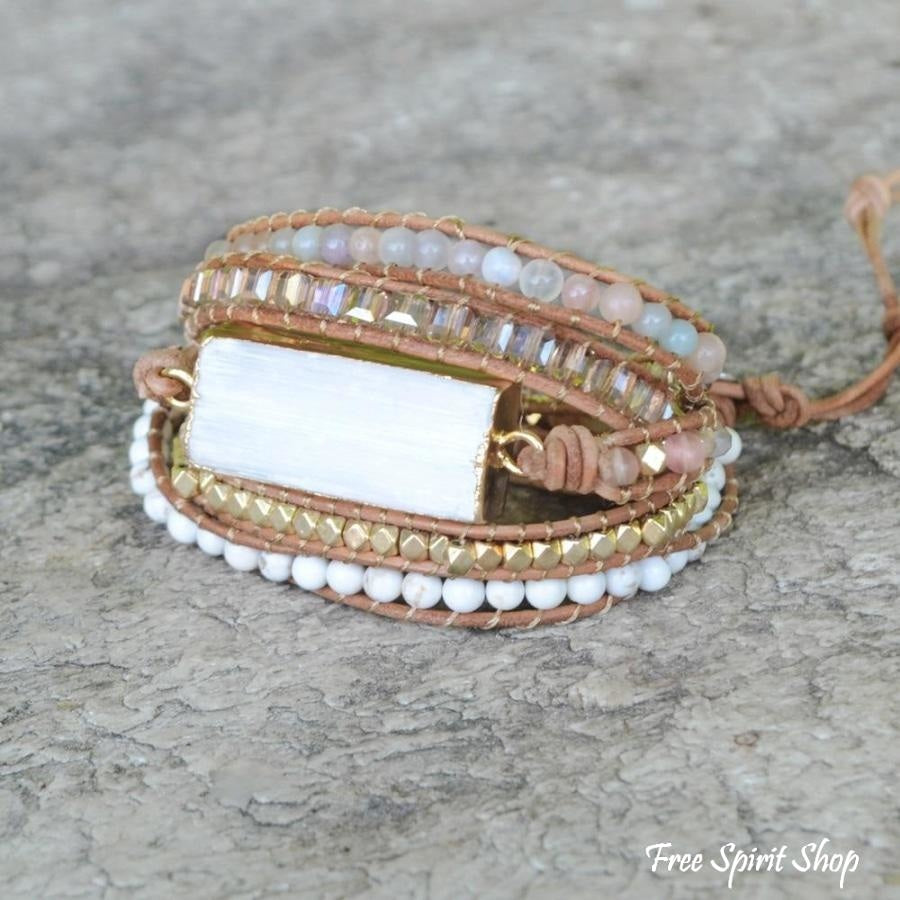 Natural White Selenite & Sunstone Wrap Bracelet - Free Spirit Shop