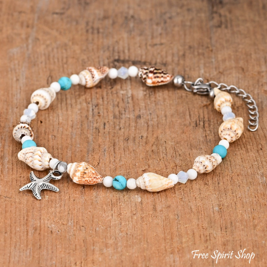 Temu 1pc Men's Boho Ocean Beach Vacation Series Natural Stone String Millet Beads Fashion Starfish Conch Beaded Shell Braided Adjustable Anklet Bracelet
