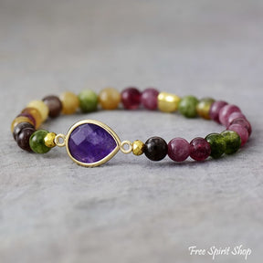 Set Of Purple Stone & Hamsa Hand Bead Bracelets Amethyst Drop / 18Cm