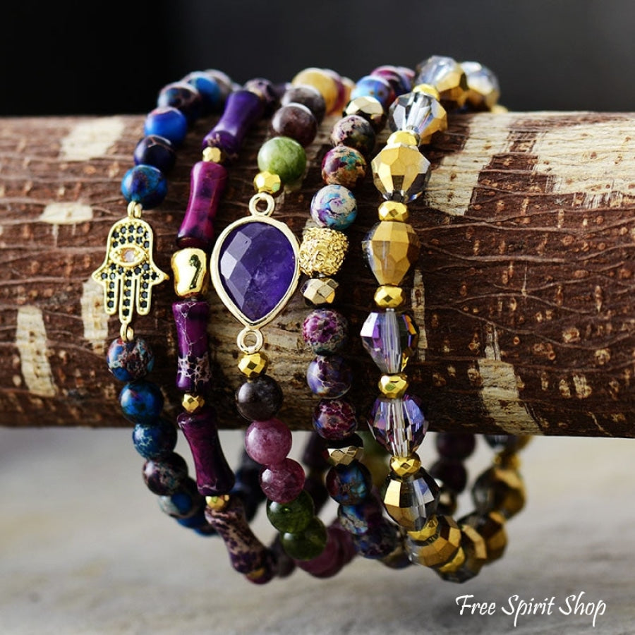 Set of 5 Purple Stone & Hamsa Hand Bead Bracelets