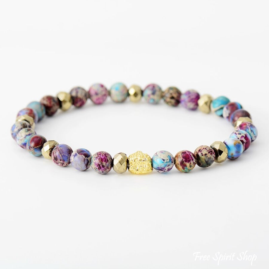 Set Of Purple Stone & Hamsa Hand Bead Bracelets Jasper Gold Beads / 18Cm